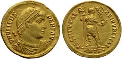 Roman Imperial Coins VALENS (364-378). GOLD Solidus. Antioch. Obv: D N VALENS PER F AVG. Diademed, draped and cuirassed bust right. Rev: RESTITVTOR REIPVBLICAE / •ANTH•. Valens standing facing, head r