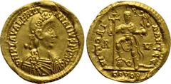 Roman Imperial Coins VALENTINIAN III (425-455). GOLD Solidus. Ravenna. Obv: D N PLA VALENTINIANVS P F AVG. Diademed, draped and cuirassed bust right. Rev: VICTORIA AVGGG / R - V / COMOB. Valentinian s