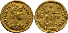 Roman Imperial Coins VALENTINIAN III (425-455). GOLD Solidus. Ravenna. Obv: D N PLA VALENTINIANVS P F AVG. Diademed, draped and cuirassed bust right. Rev: VICTORIA AVGGG / R - V / COMOB. Valentinian s