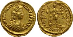 Roman Imperial Coins VALENTINIAN III (425-455). GOLD Solidus. Rome. Obv: D N PLA VALENTINIANVS P F AVG. Diademed, draped and cuirassed bust right. Rev: VICTORIA AVGGG / R - M / CONOB. Valentinian stan