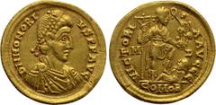 Roman Imperial Coins HONORIUS (393-423). GOLD Solidus. Mediolanum. Obv: D N HONORIVS P F AVG. Diademed, draped and cuirassed bust right. Rev: VICTORIA AVGGG / M - D / COMOB. Honorius standing right, w