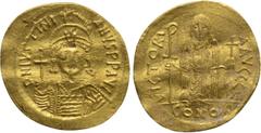 Byzantine Coins JUSTINIAN I (527-565). GOLD Solidus. Constantinople. Obv: D N IVSTINIANVS P P AVG. Helmeted and cuirassed bust facing, holding globus cruciger and shield with horseman motif. Rev: VICT