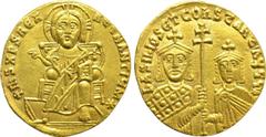 Byzantine Coins BASIL I THE MACEDONIAN with CONSTANTINE (867-886). GOLD Solidus. Constantinople. Obv: + IҺS XPS RЄX RЄGNANTIЧM ✷. Christ Pantokrator seated facing on throne. Rev: ЬASILIOS ЄT COҺSTAҺT 