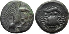 Greek Coins SICILY. Akragas. Ae Tetras or Trionkion (Circa 425-410 BC). Obv: AKPA. Eagle standing right, tearing at hare held in talons. Rev: Crab; below, three pellets (mark of value) above crayfish 