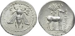 Greek Coins IONIA. Ephesos. Drachm (Circa 202-150 BC). Dioskorides, magistrate. Obv: E - Φ. Bee. Rev: ΔΙΟΣΚΟΥΡΙΔΗΣ. Stag standing right before palm tree. Kinns, Attic, p. 86; CNG E-272, lot 128. Condi