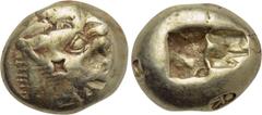 Greek Coins KINGS OF LYDIA. Time of Alyattes to Kroisos (Circa 620/10-550/39 BC). EL Trite or 1/3 Stater. Sardes. Obv: Head of roaring lion right, with star on forehead. Rev: Two incuse square punches