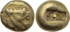 Greek Coins KINGS OF LYDIA. Time of Alyattes to Kroisos (Circa 620/10-550/39 BC). EL Trite or 1/3 Stater. Sardes. Obv: Head of roaring lion right, with star on forehead. Rev: Two incuse square punches