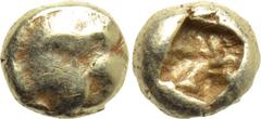 Greek Coins KINGS OF LYDIA. Alyattes (Circa 620/10-564/53 BC). EL 1/24 Stater. Obv: Paw of lion. Rev: Patterned incuse square punch. Karwiese Series I, Group 3 (Ephesos); Weidauer -; SNG Kayhan I 1016