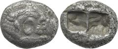 Greek Coins KINGS OF LYDIA. Time of Cyrus to Darios I (Circa 550/39-520 BC). Siglos or Half Stater. Sardes. Obv: Confronted foreparts of lion and bull. Rev: Two incuse square punches. Berk 22; Traité 