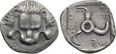 Greek Coins DYNASTS OF LYCIA. Mithrapata (Circa 390-370 BC). Tetrobol. Uncertain mint. Obv: Facing scalp of lion. Rev: Triskeles within incuse square. Müseler -; SNG von Aulock 4255. Condition: Good v