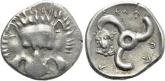 Greek Coins DYNASTS OF LYCIA. Perikles (Circa 380-360 BC). 1/3 Stater. Obv: Facing lion's scalp. Rev: Triskeles; bust of Apollo in left field. SNG Copenhagen -; SNG von Aulock -; BMC -; Isegrim -; cf.