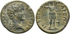 Roman Provincial Coins LYDIA. Hierocaesarea. Marcus Aurelius (Caesar, 139-161). Ae. Obv: Μ ΑV OVΗΡOС ΚΑΙСΑΡ. Bareheaded, draped and cuirassed bust right. Rev: ΙЄΡΟΚΑΙСΑΡЄΩΝ. Artemis standing right, ho