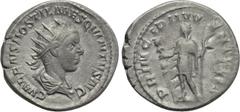 Roman Imperial Coins HOSTILIAN (Caesar, 250-251). Antoninianus. Rome. Obv: C VALENS HOSTIL MES QVINTVS N C. Radiate, draped and cuirassed bust right. Rev: PRINCIPI IVVENTVTIS. Hostilianus standing lef