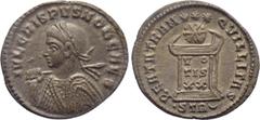 Roman Imperial Coins CRISPUS (Caesar, 316-326). Follis. Treveri. Obv: IVL CRISPVS NOB CAES. Laureate and cuirassed bust left, holding shield and spear over shoulder. Rev: BEATA TRANQVILLITAS / • STR (