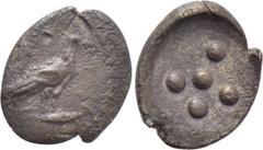 Greek Coins SICILY. Akragas. Pentonkion (Circa 460-446). Obv: AK / RA. Eagle standing right on Ionic capital. Rev: Five pellets. SNG ANS 997. Condition: Very fine. Weight: 0.18 g. Diameter: 7 mm.