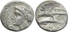 Greek Coins PAPHLAGONIA. Sinope. Drachm (330-300 BC). Phorm-, magistrate. Obv: Head of nymph left, hair in sakkos; aphlaston to left. Rev: ΦOPM / ΣINΩ. Sea-eagle standing left, wings spread, on dolphi