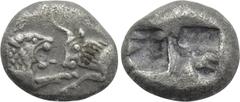 Greek Coins KINGS OF LYDIA. Kroisos (Circa 564/53-550/39 BC). 1/6 Stater. Sardes. Obv: Confronted foreparts of lion and bull. Rev: Two incuse square punches. Berk 25; Traité I -; SNG Kayhan I 1019. Co