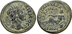 Roman Provincial Coins LYDIA. Bagis. Pseudo-autonomous. Time of Septimius Severus (193-211). Ae. Gaios, archon. Obv: ΔHMOC. Laureate bust of Demos right, with slight drapery. Rev: ЄΠI ΓAIOV APX BAΓHNΩ