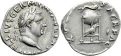 Roman Imperial Coins VITELLIUS (69). Denarius. Rome. Obv: A VITELLIVS GERM IMP AVG TR P. Laureate head right. Rev: XV VIR SACR FAC. Tripod surmounted by dolphin right; below, raven right. RIC² 109. Co