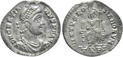 Roman Imperial Coins GRATIAN (367-383). Siliqua. Treveri. Obv: D N GRATIANVS P F AVG. Diademed, draped and cuirassed bust right. Rev: VIRTVS ROMANORVM / TRPS. Roma seated facing on throne, head left, 