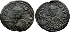 Byzantine Coins MICHAEL III 'THE DRUNKARD,' with BASIL I (842-867). Follis. Constantinople. Obv: + MIҺAЄL IMPЄRAT. Crowned bust of Michael facing, holding akakia and globus surmounted by patriarchal c