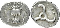 Greek Coins DYNASTS OF LYCIA. Trbbenimi (Circa 390-370 BC). Tetrobol. Uncertain mint. Obv: Facing scalp of lion. Rev: Triskeles within incuse circle. Müseler VIII.25-7; SNG von Aulock 4215. Condition: