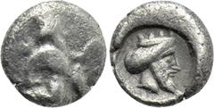 Greek Coins CILICIA. Uncertain. Tetartemorion (Early- mid 4th century BC). Obv: Persian king in kneeling-running stance right, holding dagger and bow. Rev: Crowned head of persian king right. Troxell 