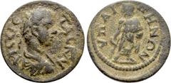 Roman Provincial Coins LYDIA. Hypaepa. Geta (Caesar, 198-209). Ae. Obv: Π CЄ ΓЄTAC KAI. Bareheaded, draped and cuirassed bust right. Rev: VΠAIΠHNΩN. Asclepius standing facing, head left, leaning upon 