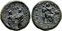 Roman Provincial Coins LYDIA. Sardis. Tiberius with Livia (14-37). Ae. Ioulios Kleon and Memnon, magistrates. Obv: ΣΕΒΑΣΤΟΣ ΚΑΙΣΑΡΕΩΝ ΣΑΡΔΙΑΝΩN. Tiberius standing left, raising up kneeling Tyche of Sa