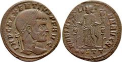 Roman Imperial Coins MAXENTIUS (309-312). Follis. Ostia. Obv: IMP C MAXENTIVS P F AVG. Laureate head right. Rev: FIDES MILITVM AVG N / MOSTT. Fides standing left, holding signum in each hand. RIC 45. 