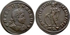 Roman Imperial Coins CRISPUS (Caesar, 316-326). Follis. Aquileia. Obv: CRISPVS NOB CAES. Laureate, draped and cuirassed bust right. Rev: PRINCIPIA IVVENTVTIS / AQT. Crispus standing left in military a