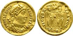 Roman Imperial Coins VALENTINIAN I (364-375). GOLD Solidus. Treveri. Obv: D N VALENTINIANVS P F AVG. Diademed, draped and cuirassed bust right. Rev: VICTORIA AVGG / TR•OB•. Valentinian and Valens seat