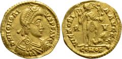 Roman Imperial Coins HONORIUS (393-423). GOLD Solidus. Ravenna. Obv: D N HONORIVS P F AVG. Diademed, draped and cuirassed bust right. Rev: VICTORIA AVGGG / R - V / COMOB. Honorius standing right, with
