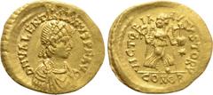 Roman Imperial Coins VALENTINIAN III (425-455). GOLD Tremissis. Constantinople. Obv: D N VALENTINIANVS P F AVG. Diademed, draped and cuirassed bust right. Rev: VICTORIA AVGVSTORV / CONOB. Victory adva