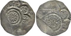 Medieval Coins GERMANY. Nürnberg. Friedrich I Barbarossa (1152-1190). Pfennig. Obv: Rosette within border of lis. Rev: Friedrich seated facing on throne, holding lis-tipped sceptre. Erlanger 15. Condi