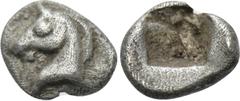 Greek Coins THRACO-MACEDONIAN REGION. Uncertain. Tetartemorion (5th century BC). Obv: Head of horse left. Rev: Incuse square punch. Cf. CNG E-236, lot 43 (head right; hemiobol). Ex Münzen & Medaillen 