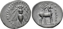 Greek Coins IONIA. Ephesos. Drachm (Circa 202-150 BC). Nikolochos, magistrate. Obv: E - Φ. Bee. Rev: NIKOΛOXOΣ. Stag standing right before palm tree. SNG Copenhagen 295. Rare Condition: Very fine. Wei