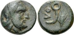 Greek Coins LYDIA. Autophradates (Satrap, 392-388 and 380-355 BC). Ae Chalkous. Obv: Bearded head right, wearing kyrbasia. Rev: OΛ. Monoskelis (or tamgha?); grain ear to right. Winzer 11.8; Numismatik
