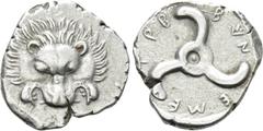 Greek Coins DYNASTS OF LYCIA. Trbbenimi (Circa 390-370 BC). Tetrobol. Uncertain mint. Obv: Facing scalp of lion. Rev: Triskeles within incuse circle. Müseler VIII.25-7; SNG von Aulock 4215. Condition: