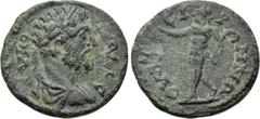 Roman Provincial Coins LYDIA. Thyatira. Commodus (177-192). Ae. Obv: ΑV ΚOΜOΔOС. Laureate, draped and cuirassed bust right. Rev: ΘVΑΤЄΙΡΗΝΩΝ. Pan advancing left, holding grape bunch and pedum. RPC IV 
