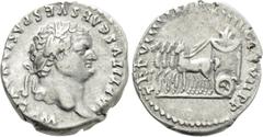 Roman Imperial Coins TITUS (79-81). Denarius. Rome. "Judaea Capta" commemorative. Obv: IMP TITVS CAES VESPASIAN AVG P M. Laureate head right. Rev: TR P VIIII IMP XIIII COS VII P P. Slow quadriga left,