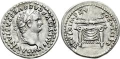 Roman Imperial Coins TITUS (79-81). Denarius. Rome. Obv: IMP TITVS CAES VESPASIAN AVG P M. Laureate head right. Rev: TR P IX IMP XV COS VIII P P. Horizontal winged thunderbolt set upon draped pulvinar
