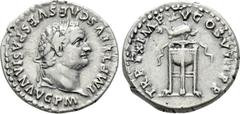 Roman Imperial Coins TITUS (79-81). Denarius. Rome. Obv: IMP TITVS CAES VESPASIAN AVG P M. Laureate head right. Rev: TR P IX IMP XV COS VIII P P. Dolphin right upon filleted tripod. RIC² 128. Conditio