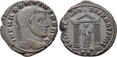 Roman Imperial Coins MAXENTIUS (307-312). Follis. Carthago. Obv: IMP MAXENTIVS P F AVG. Laureate head right. Rev: CONSERVATO RES KART SVAE / PKΓ. Hexastyle temple, containing Carthage standing facing,