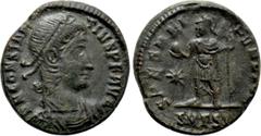 Roman Imperial Coins CONSTANTIUS II (337-361). Ae. Thessalonica. Obv: D N CONSTANTIVS P F AVG. Diademed, draped and cuirassed bust right. Rev: SPES REIPVBLICA / SMTSA. Constantius standing left, holdi