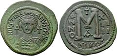 Byzantine Coins JUSTINIAN I (527-565). Follis. Nicomedia. Dated RY 14 (540/1). Obv: D N IVSTINIANVS P P AVG. Helmeted and cuirassed bust facing, holding globus cruciger and shield decorated with horse