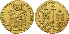 Byzantine Coins BASIL I THE MACEDONIAN with CONSTANTINE (867-886). GOLD Solidus. Constantinople. Obv: + IҺS XPS RЄX RЄGNANTIЧM ✷. Christ Pantokrator seated facing on throne. Rev: ЬASILIOS ЄT COҺSTAҺT 