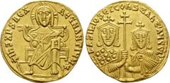 Byzantine Coins BASIL I THE MACEDONIAN with CONSTANTINE (867-886). GOLD Solidus. Constantinople. Obv: + IҺS XPS RЄX RЄGNANTIЧM ✷. Christ Pantokrator seated facing on throne. Rev: ЬASILIOS ЄT COҺSTAҺT 