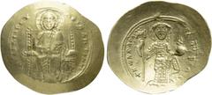 Byzantine Coins CONSTANTINE X DUCAS (1059-1067). EL Histamenon. Constantinople. Obv: + IҺS XIS RЄX RЄGNANTIҺM. Christ Pantokrator seated facing on throne. Rev: + KωN BACΛI O ΔOVKAC. Constantine standi