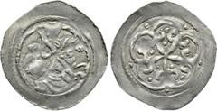 Medieval Coins HOLY ROMAN EMPIRE. Ottokar IV (Duke of Styria, 1164-1192). Pfennig. Fischau. Obv: Warrior, holding sword, on horse rearing right. Rev: Floral pattern of five petals, each containing cre